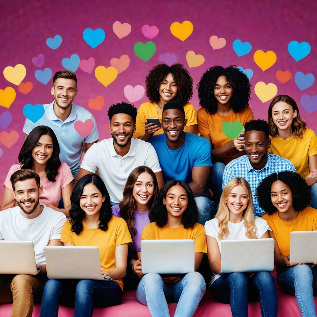 A vibrant, heartwarming scene of diverse people from around the world smiling and connecting online via laptops and smartphones against a backdrop of colorful hearts and joyful emojis floating in the air. Super-realistic. Vibrant colors. Positive vibes.