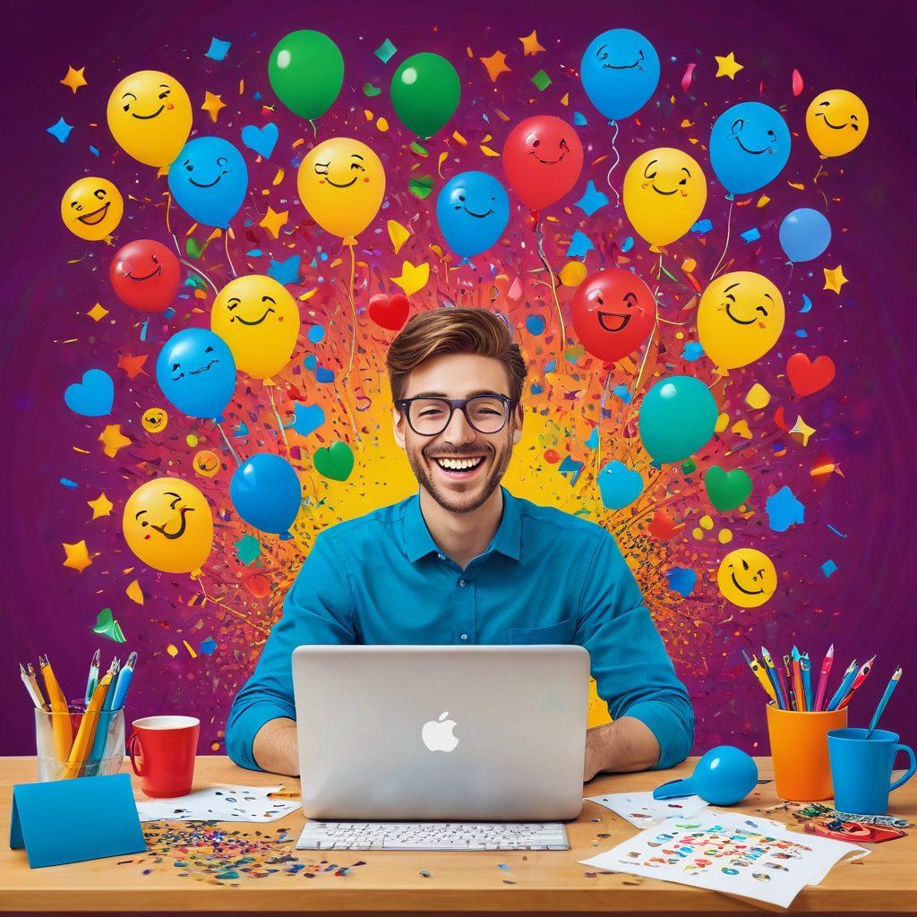 A whimsical scene with a laptop screen displaying happy, colorful emojis and smiley faces, a cheerful web designer with a beaming smile working at a desk surrounded by bright sticky notes and joyful items like balloons and confetti, radiating positive energy and creativity. vector art. vibrant colors.