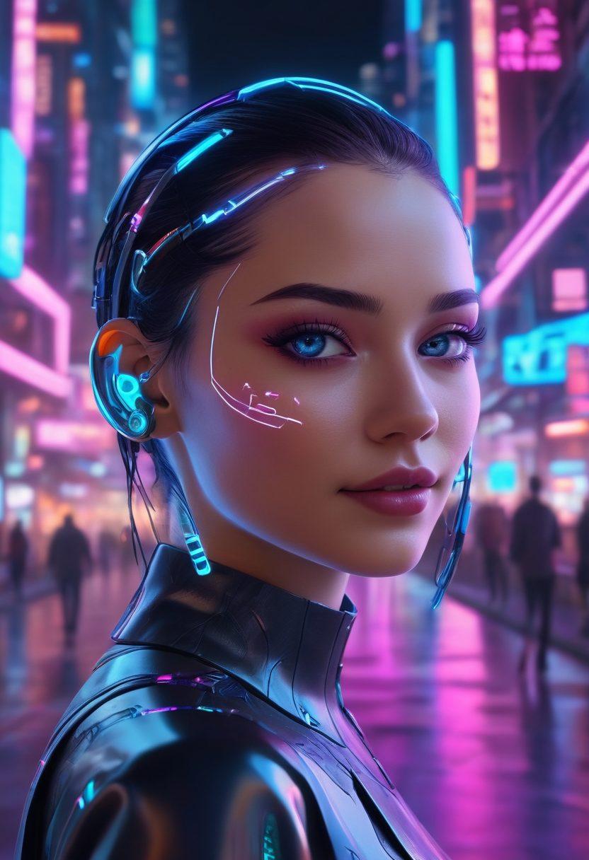 A futuristic digital landscape where virtual avatars exchange glowing cyber smiles through holographic screens; these smiles then dissolve into radiant, real-world joy connecting people in vibrant scenes of diverse communities. Add elements like neon cityscapes, smiling emoticons evolving into genuine human expressions, and an ethereal bridge connecting the virtual and real worlds. super-realistic. vibrant colors. cyberpunk.